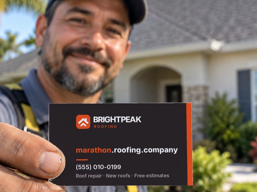 marathon.roofing.company on a roofer's business card