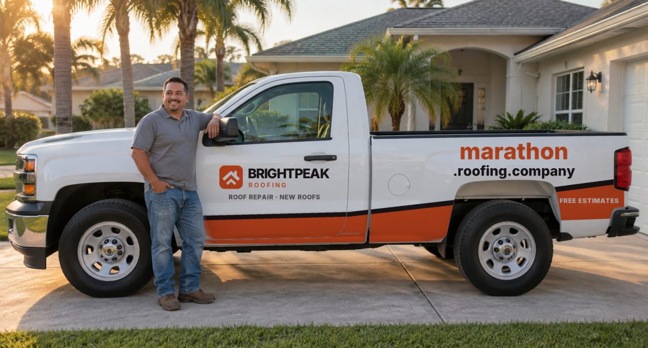 marathon.roofing.company painted on the side of a white work truck