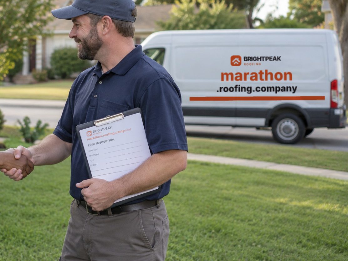 marathon.roofing.company on a roofing van and an inspection form